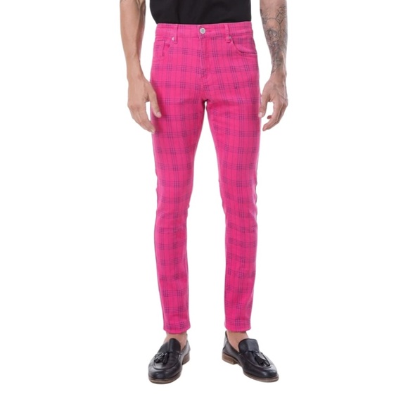 NWT Mens Skinny Slim Fit Comfy Denim Stretch Pants Pink/Black Plaid Size 30 - Picture 3 of 8